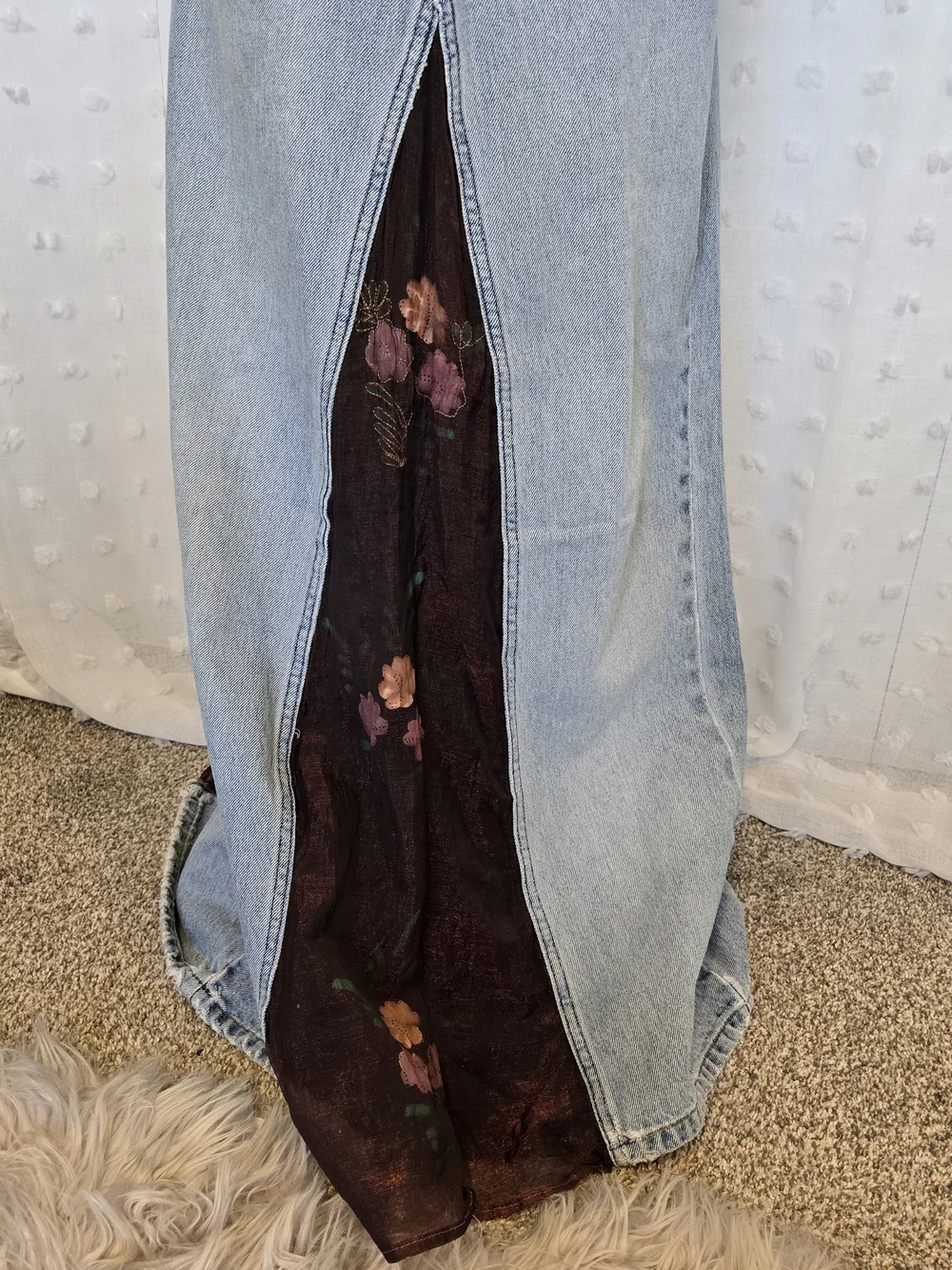 Vintage 90s American Eagle Light Wash Denim Maxi Skirt with Floral Panel - Picture 4 of 8